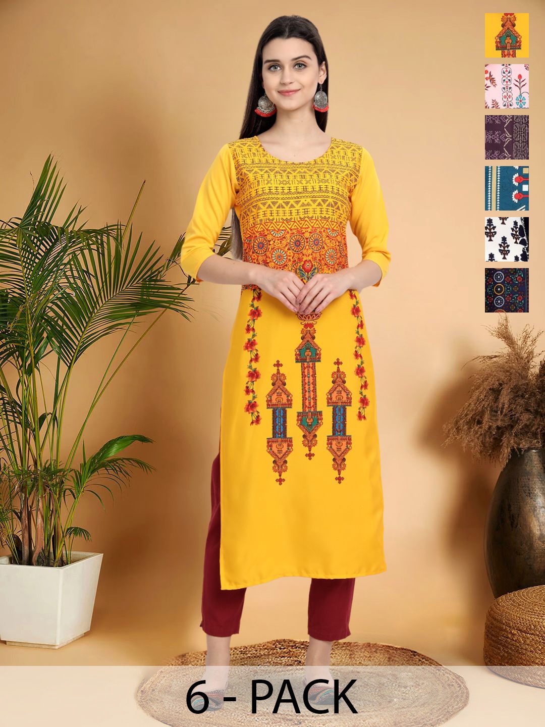 

7Threads Selection Of 6 Ethnic Motifs Printed Round Neck Straight Kurtas, Yellow