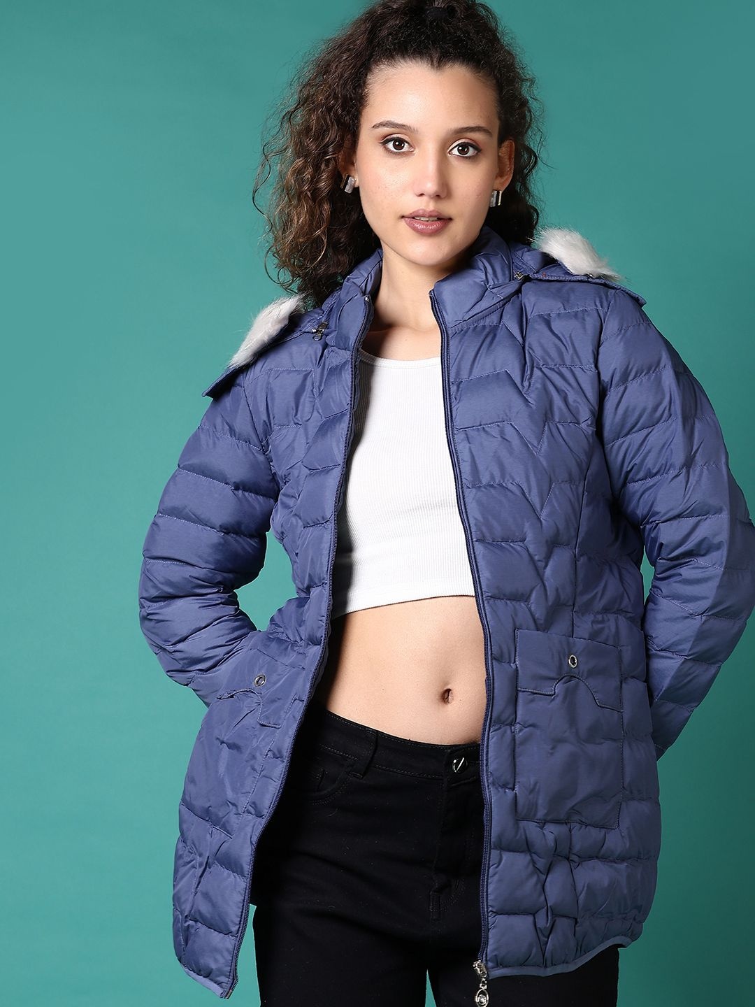 

V-Mart Women Hooded Solid Cotton Casual Parka Jacket, Blue