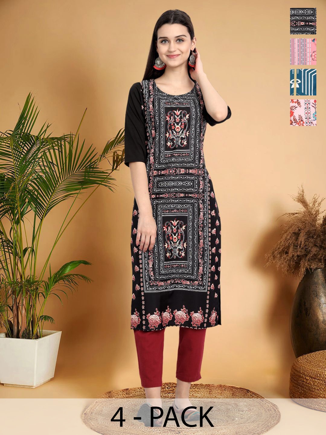 

7Threads Selection Of 4 Ethnic Motifs Printed Round Neck Straight Kurta, Black