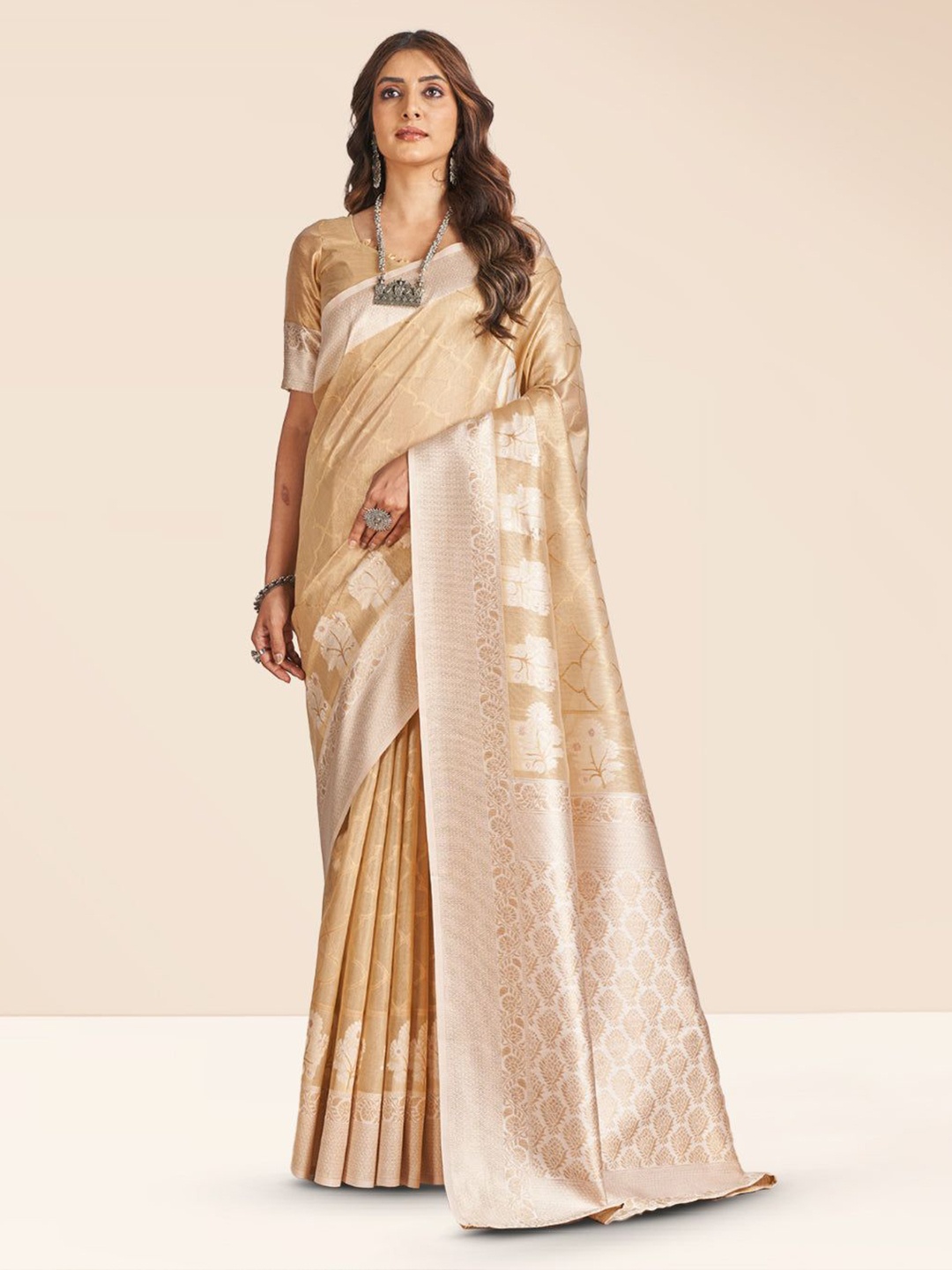 

NK Textiles Ethnic Motifs Woven Design Zari Tissue Kasavu Saree, Beige