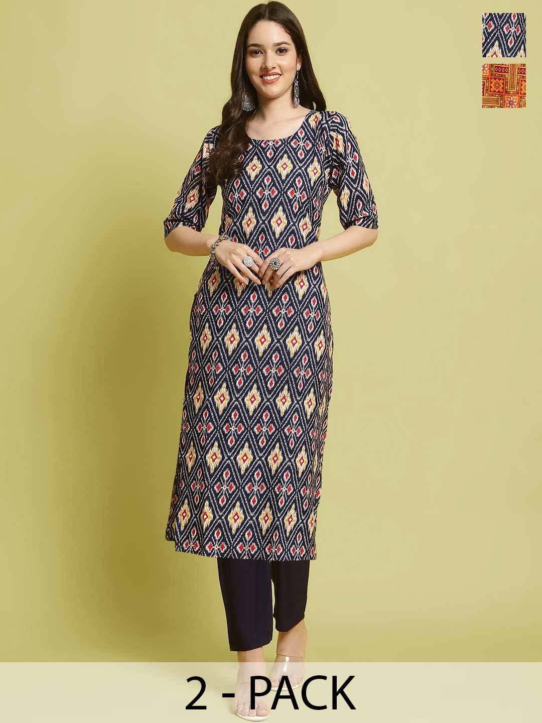 

7Threads Selection Of 2 Ethnic Motifs Printed Straight Kurta With Trousers, Black