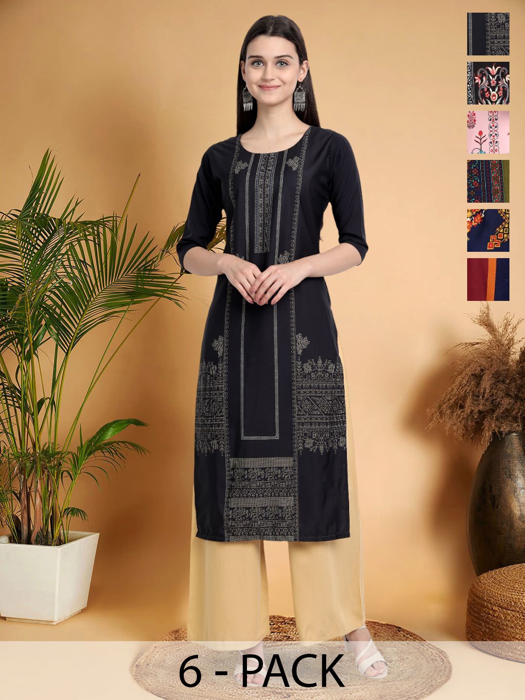 

7Threads Selection Of 6 Ethnic Motifs Printed Round Neck Kurtas, Black