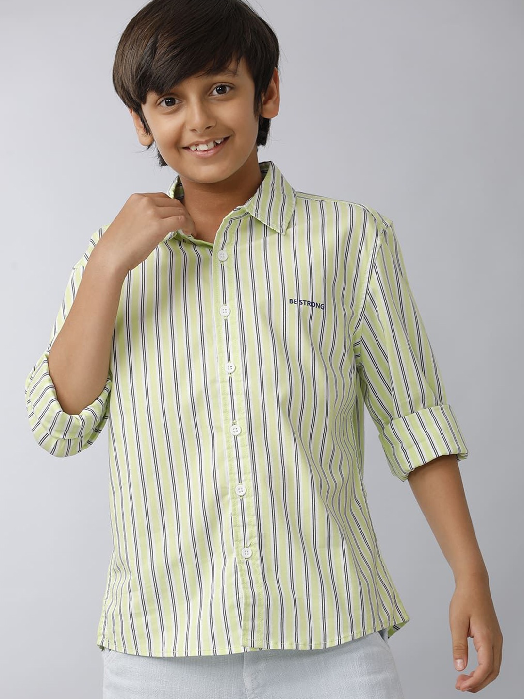 

UNDER FOURTEEN ONLY Boys Spread Collar Vertical Striped Cotton Casual Shirt, Yellow