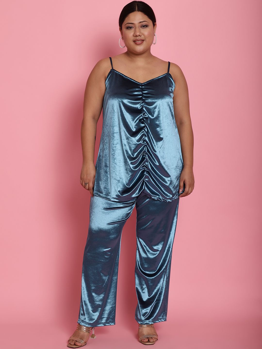 

theRebelinme Plus Size Shoulder Straps Top With Trouser, Teal