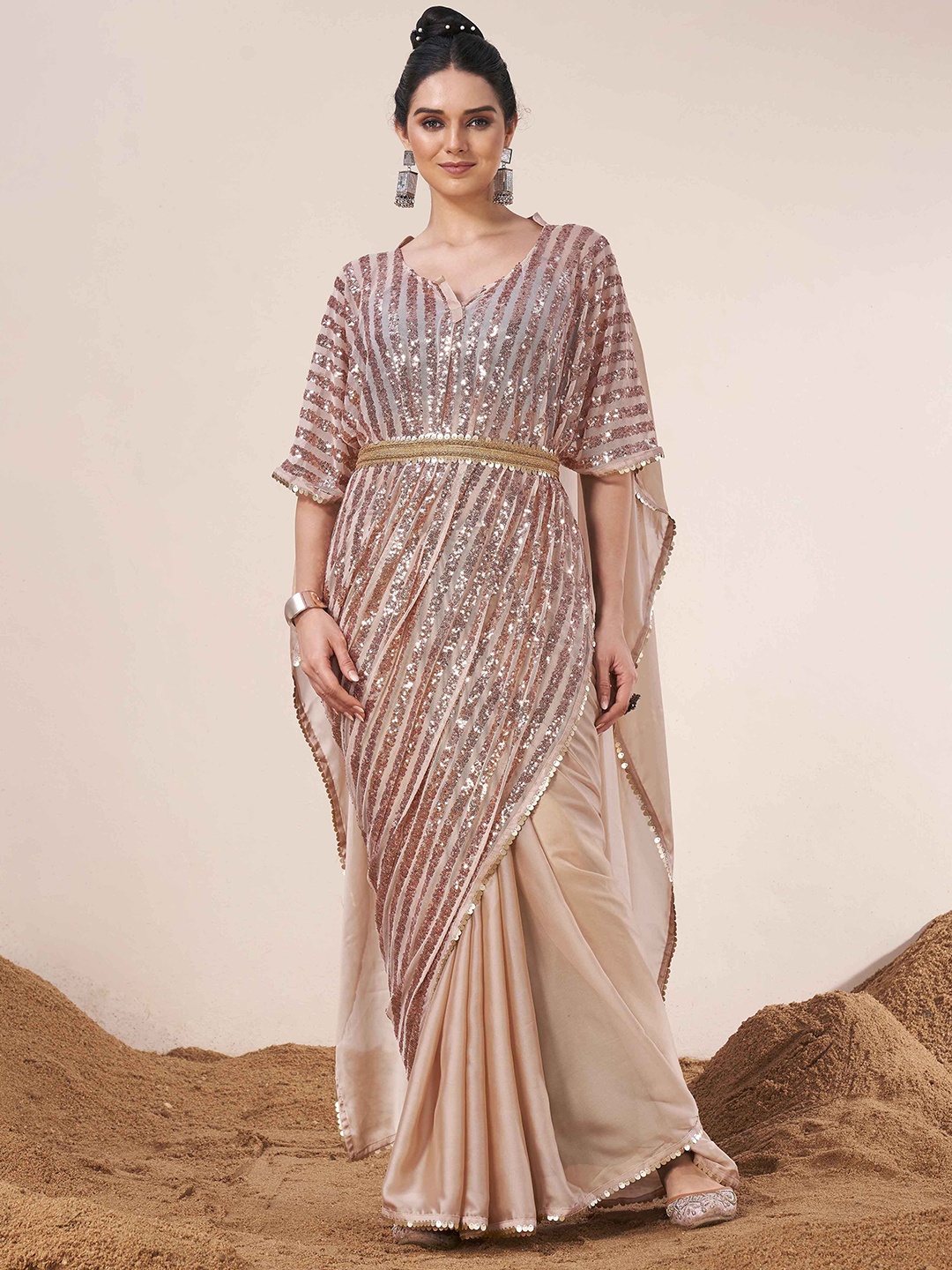 

Tikhi Imli Embellished Sequinned Satin Fusion Saree, Beige