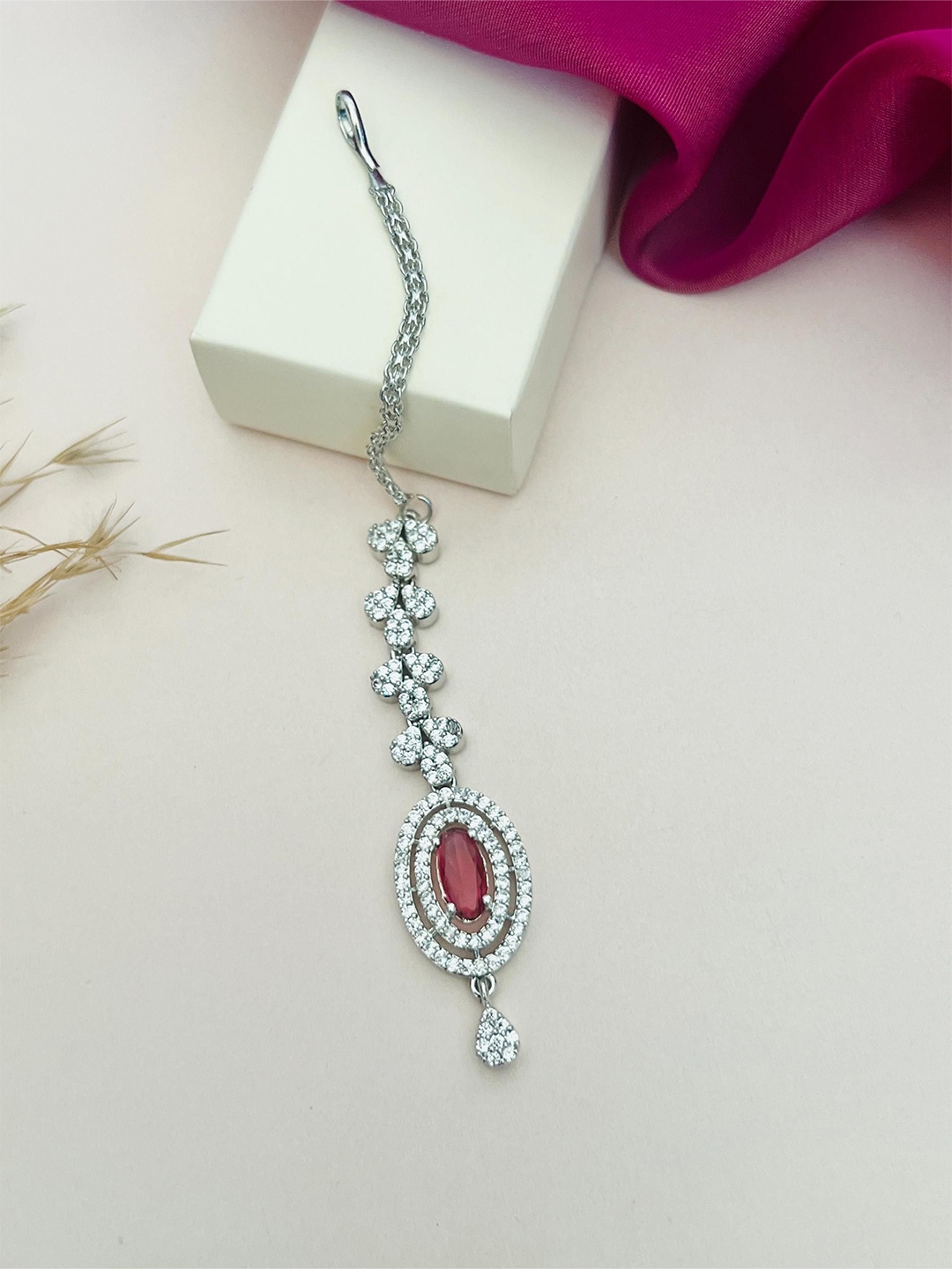 

ABDESIGNS Silver-Plated American Diamond Studded Maang Tikka