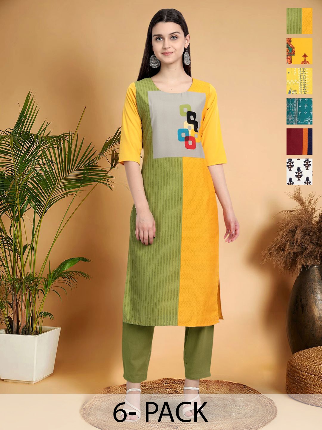 

7Threads Selection Of 6 Geometric Printed Round Neck Straight Kurtas, Green