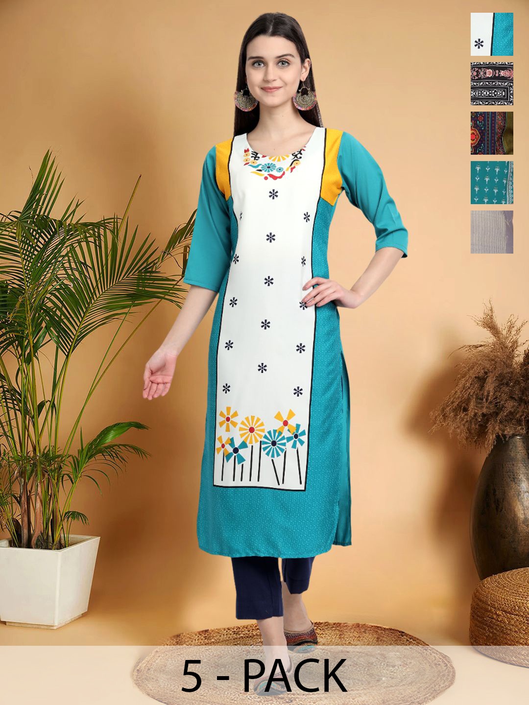 

7Threads Selection Of 5 Floral Printed Round Neck Straight Kurtas, White