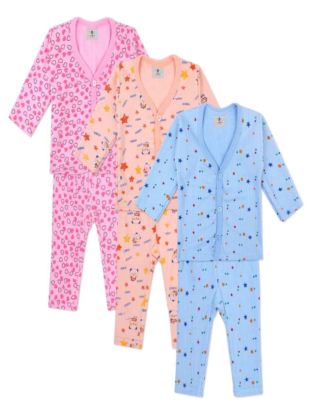 

VEKOTT Kids Pack Of 3 Printed V-Neck Cotton Thermal Set, Assorted