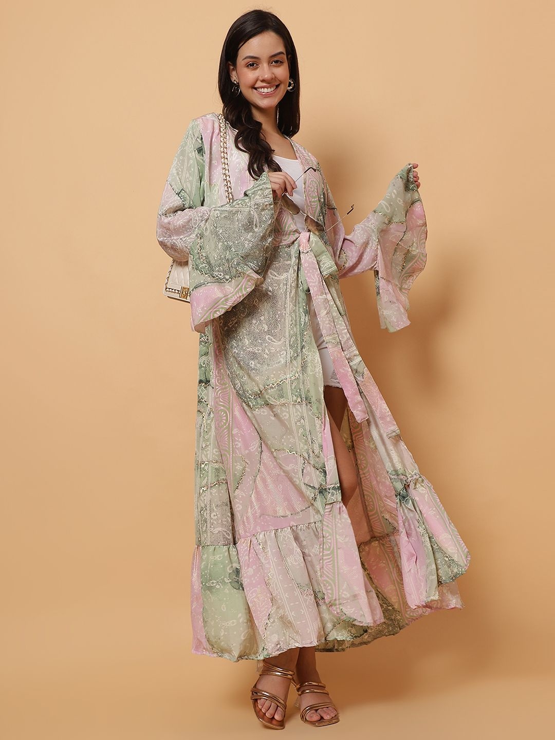 

ROSEMELON Women Ethnic Motifs Printed Bell Sleeve Maxi Wrap Dress, Pink