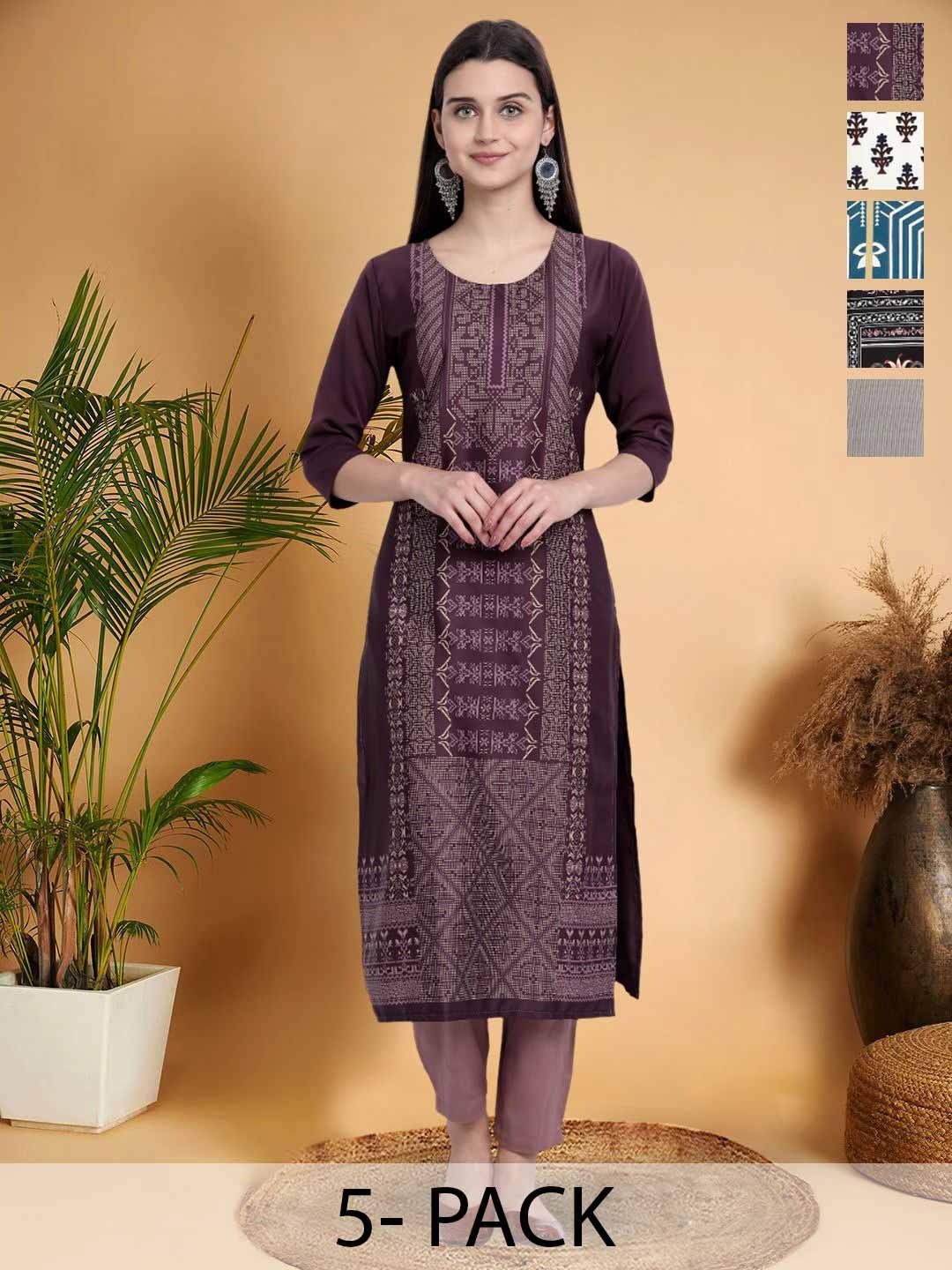 

7Threads Selection Of 5 Geometric Printed Round Neck Kurtas, Purple