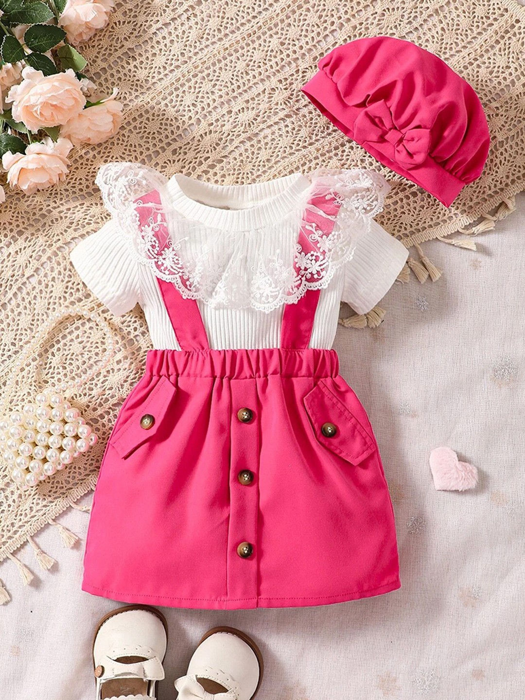 

BAESD Girls Shoulder Straps Sleeveless Dungarees With Top & Cap, Pink