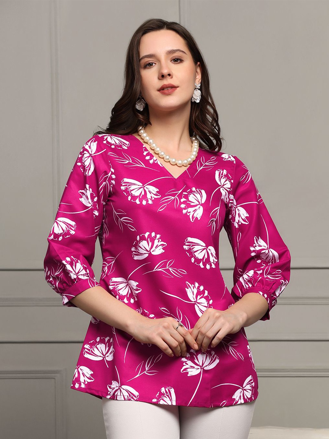 

Moda Rapido Floral Printed Chiffon A-Line Top, Magenta
