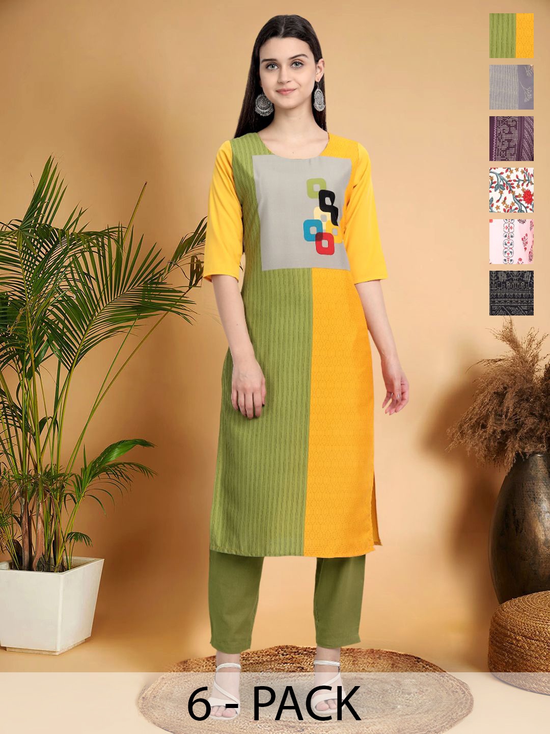 

7Threads Selection Of 6 Geometric Printed Round Neck Straight Kurtas, Green
