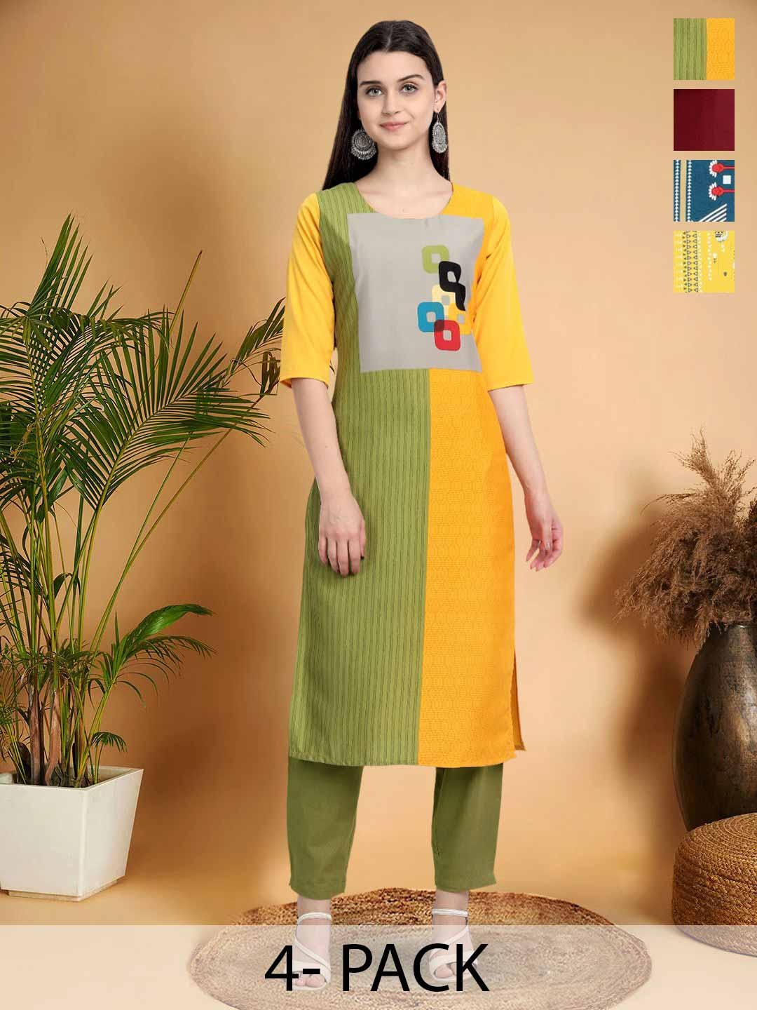 

7Threads Selection Of 4 Colourblocked Printed Straight Kurtas, Olive