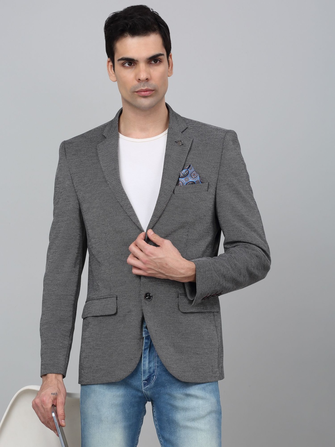 

Cantabil Self Design Notched Lapel Single Breasted Blazer, Charcoal