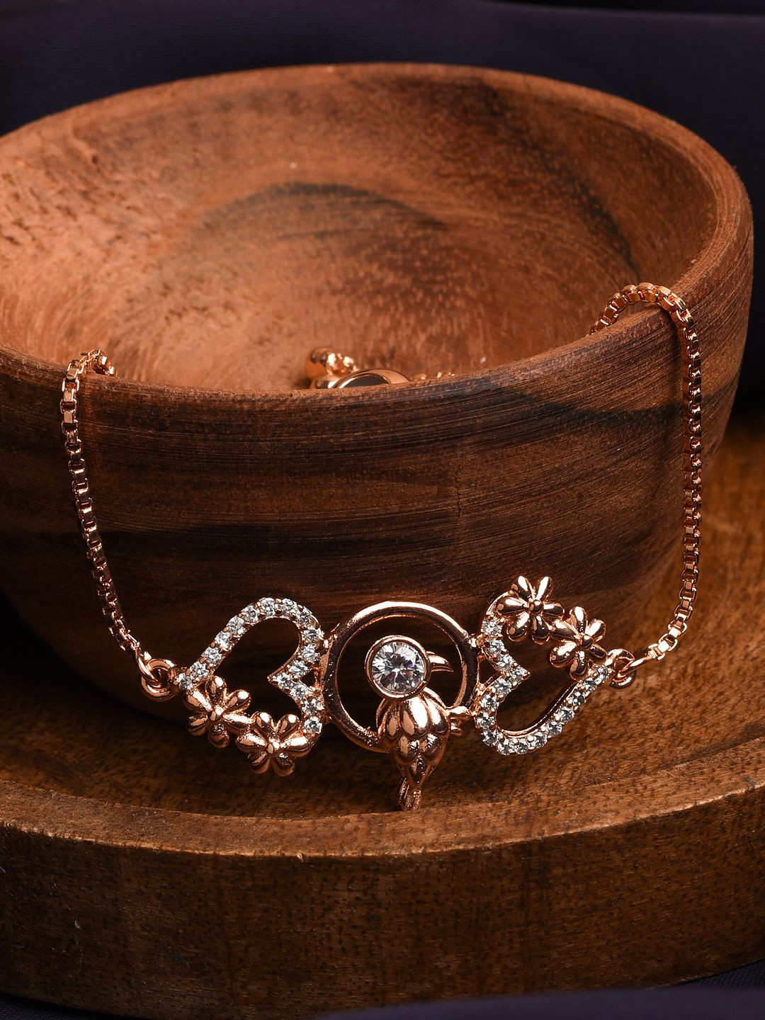 

XPNSV Rose Gold-Plated American Diamond Studded Floral Charm Bracelet