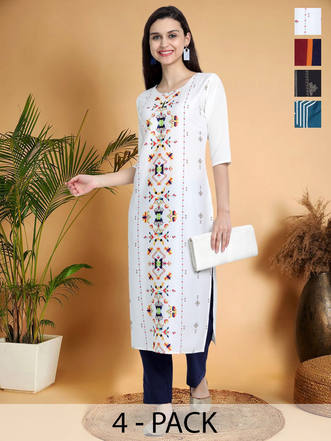 

7Threads Selection of 4 Ethnic Motifs Printed Round Neck Straight Kurta, White