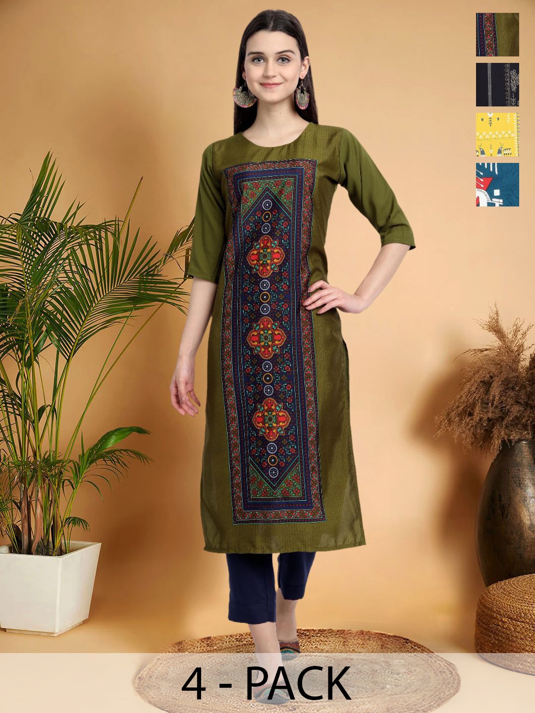 

7Threads Selection Of 4 Ethnic Motifs Printed Round Neck Straight Kurtas, Green