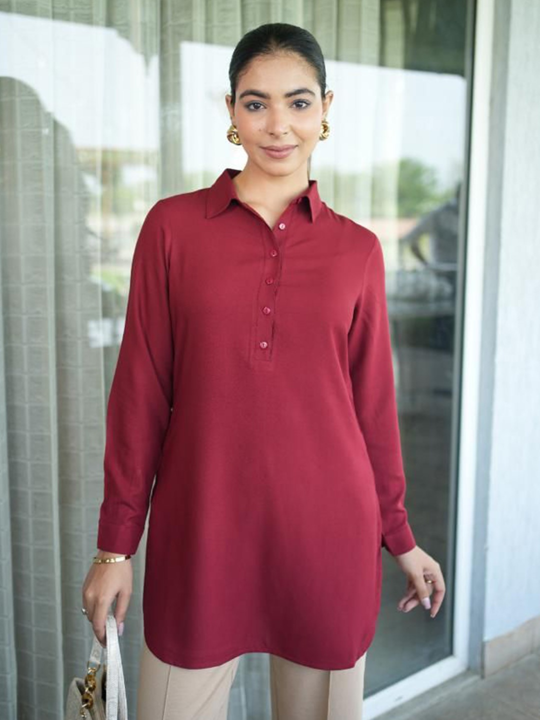 

Mlada Women Longline Standard Fit Casual Shirt, Maroon