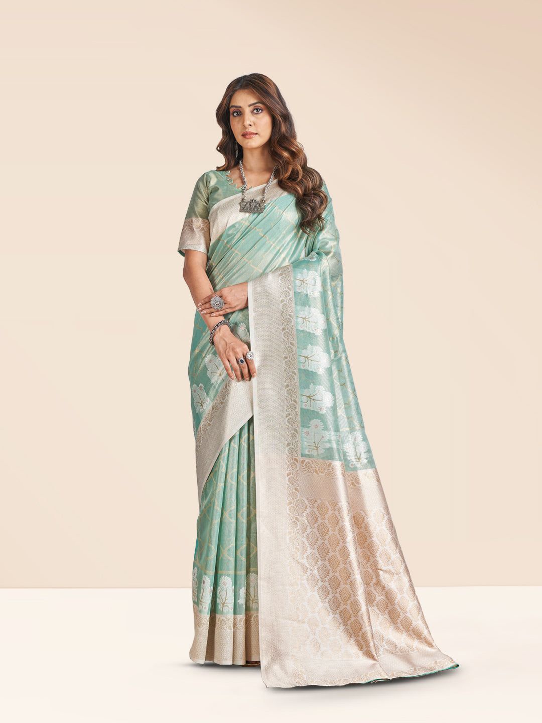 

NK Textiles Ethnic Motifs Zari Tissue Kasavu Saree, Sea green