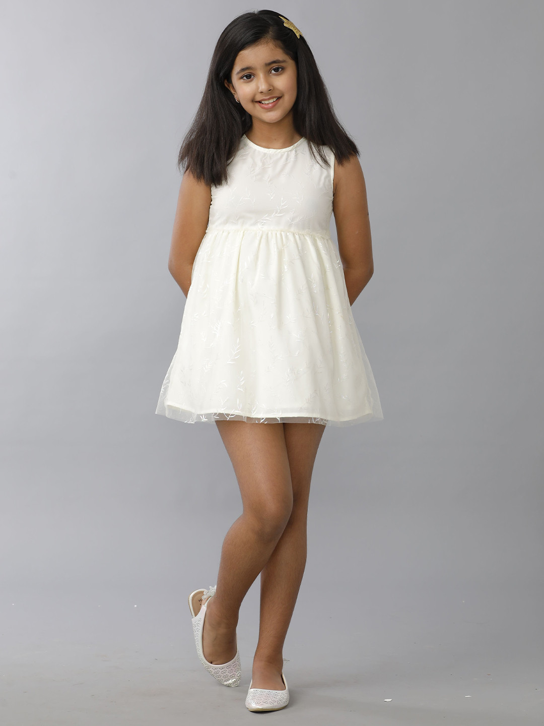 

UNDER FOURTEEN ONLY Girls Self Design Fit and Flare Mini Dress, White