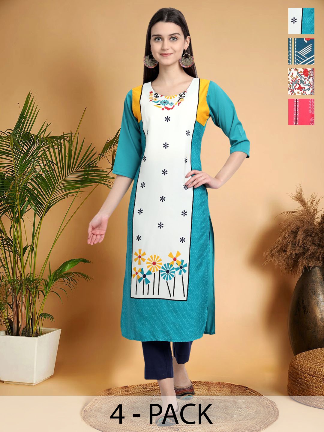 

7Threads Selection of 4 Floral Printed Round Neck Straight Kurtas, Turquoise blue