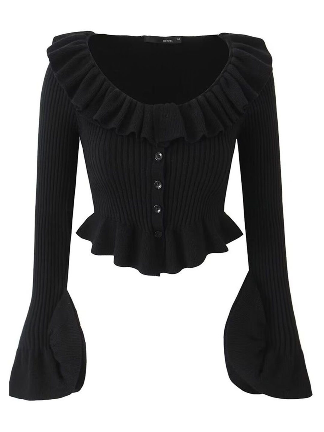 

LULU & SKY Women Ribbed Ruffles Bell Sleeve Peplum Top, Black