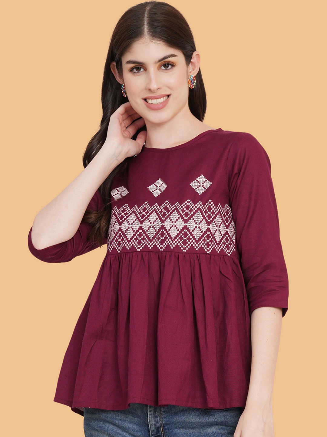 

Brownverse Embroidered Round Neck Cotton Top, Maroon