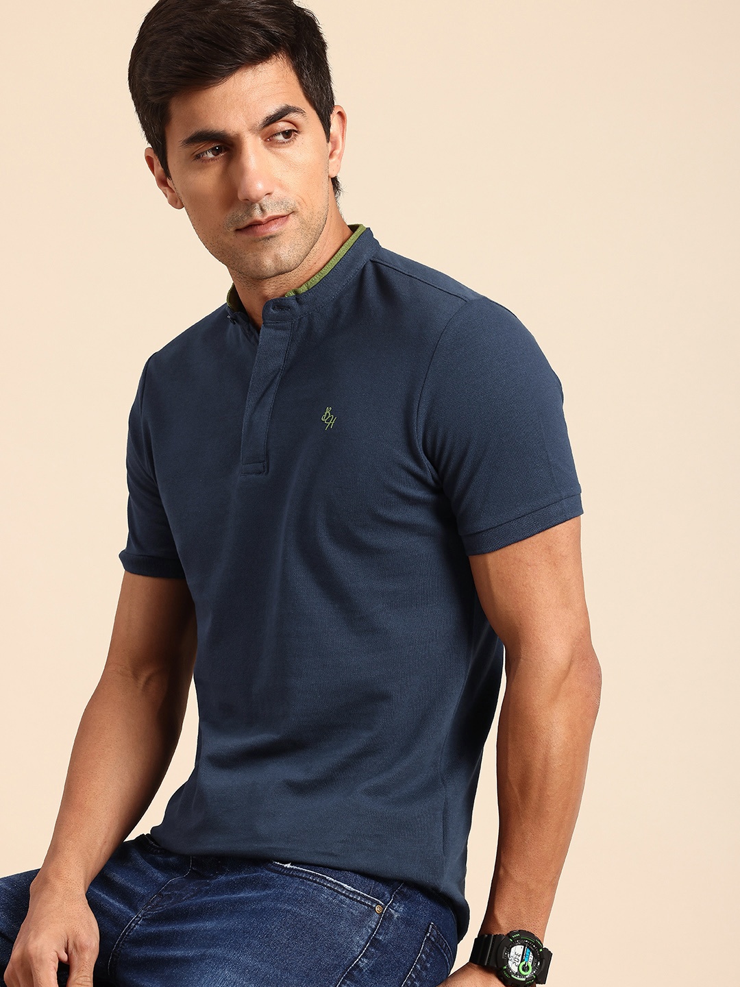 

Being Human Henley Neck Pure Cotton T-shirt, Navy blue