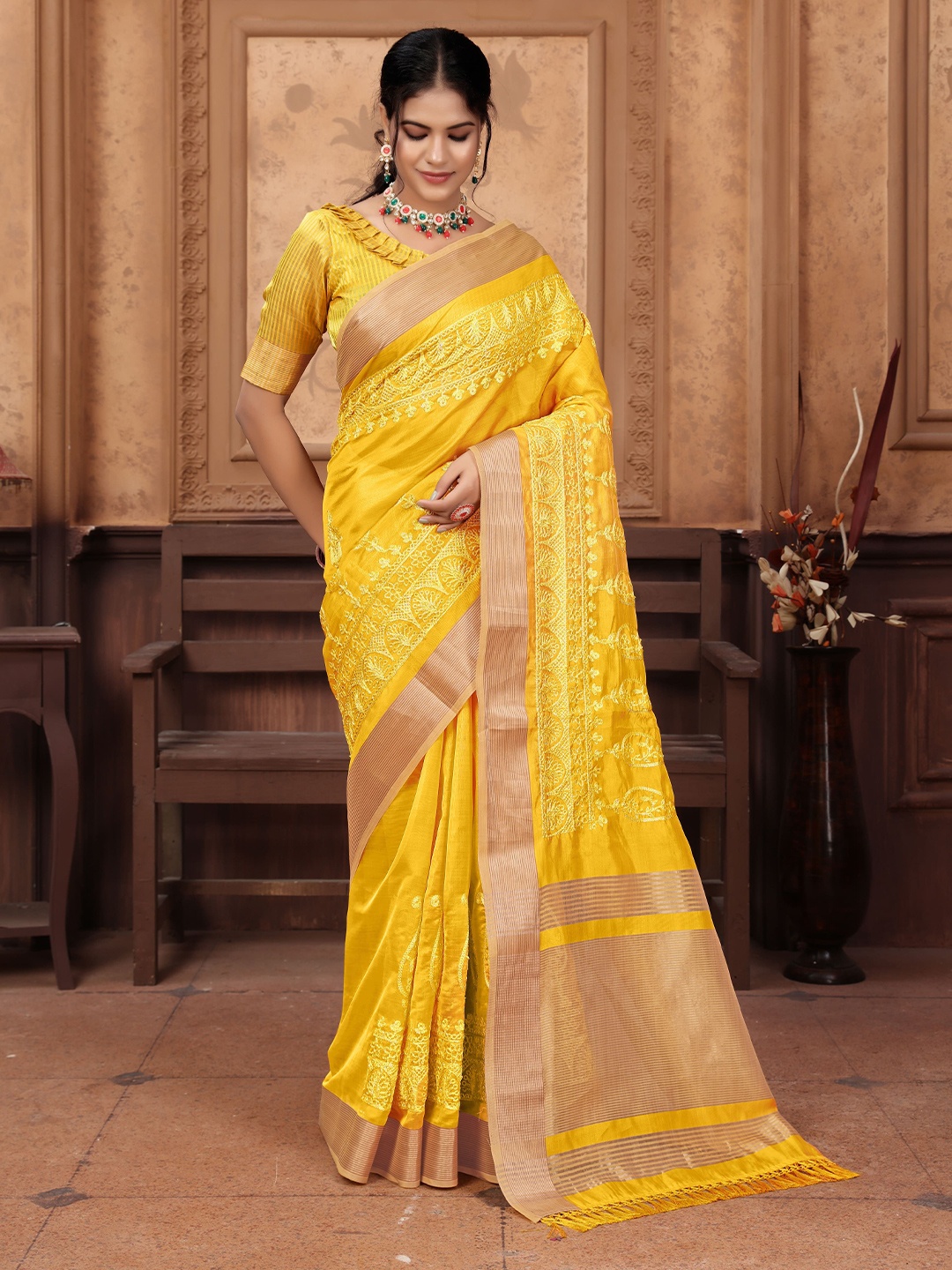 

A.V.M. SILK MILLS Ethnic Motifs Embroidered Pure Cotton Saree, Yellow