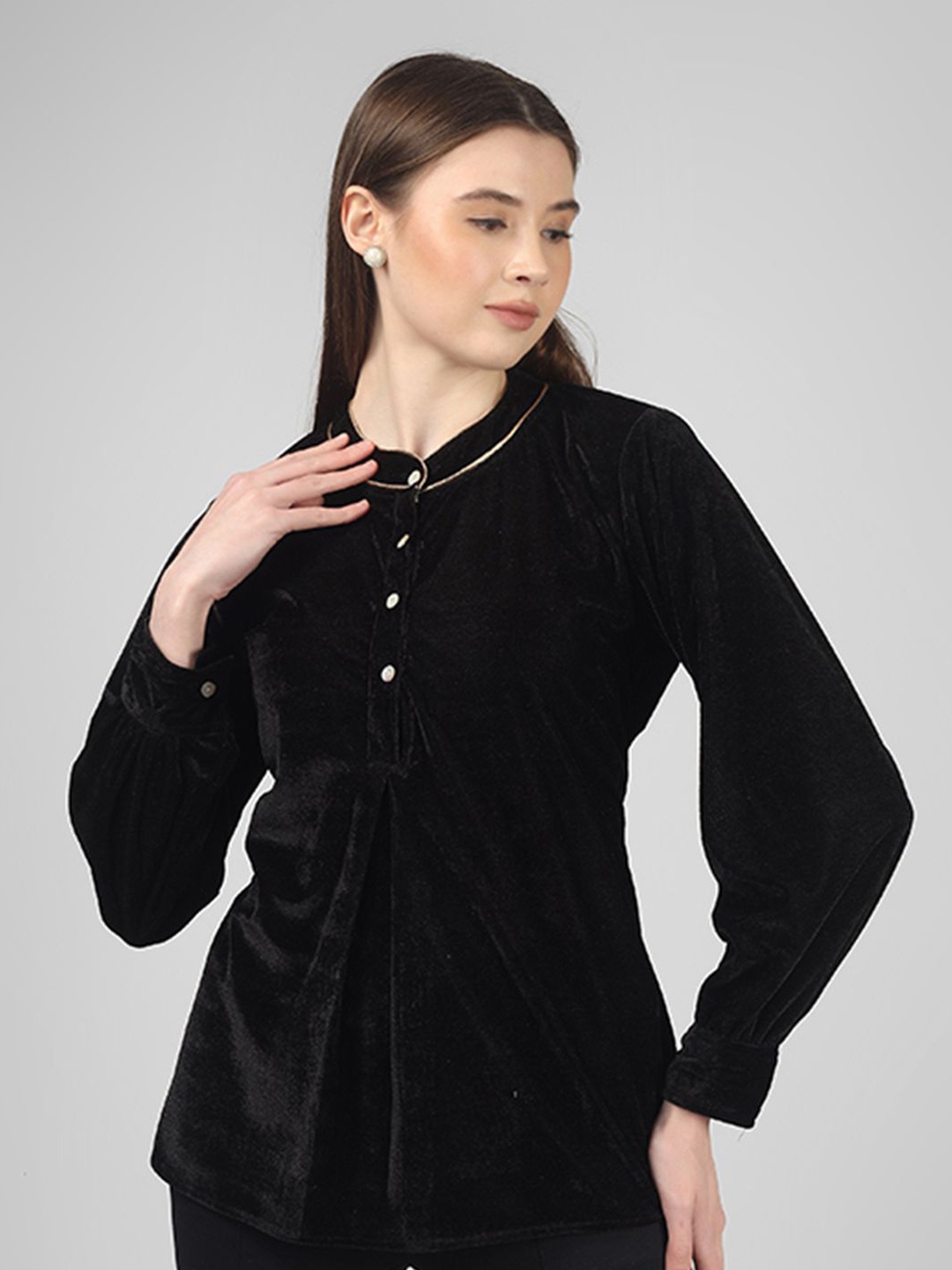 

UNLOKALE Women Mandarin Collar Velvet Top, Black