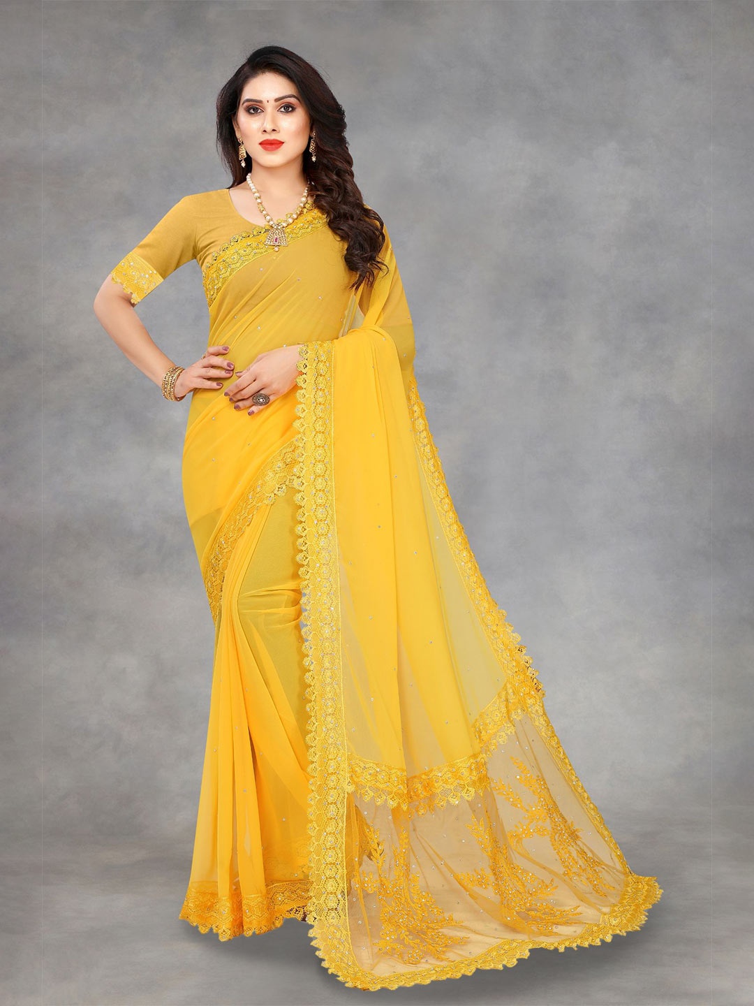 

A TO Z CART Embellished Embroidered Pure Georgette Saree, Yellow