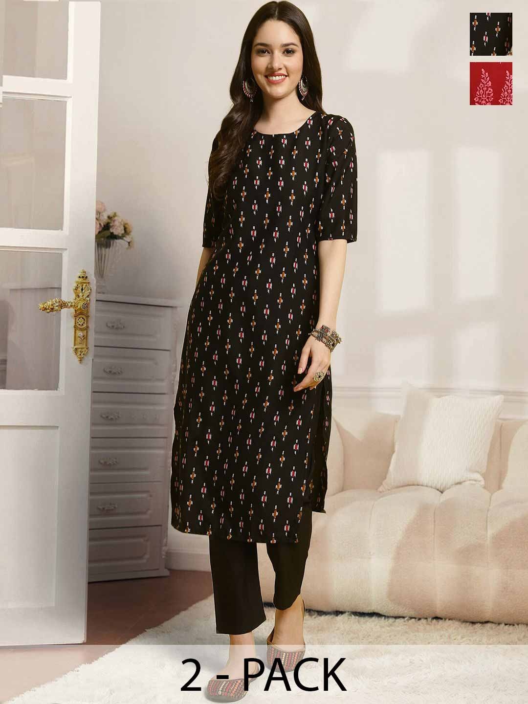 

7Threads Selection Of 2 Ethnic Motifs Printed Round Neck Straight Kurtas With Trousers, Black