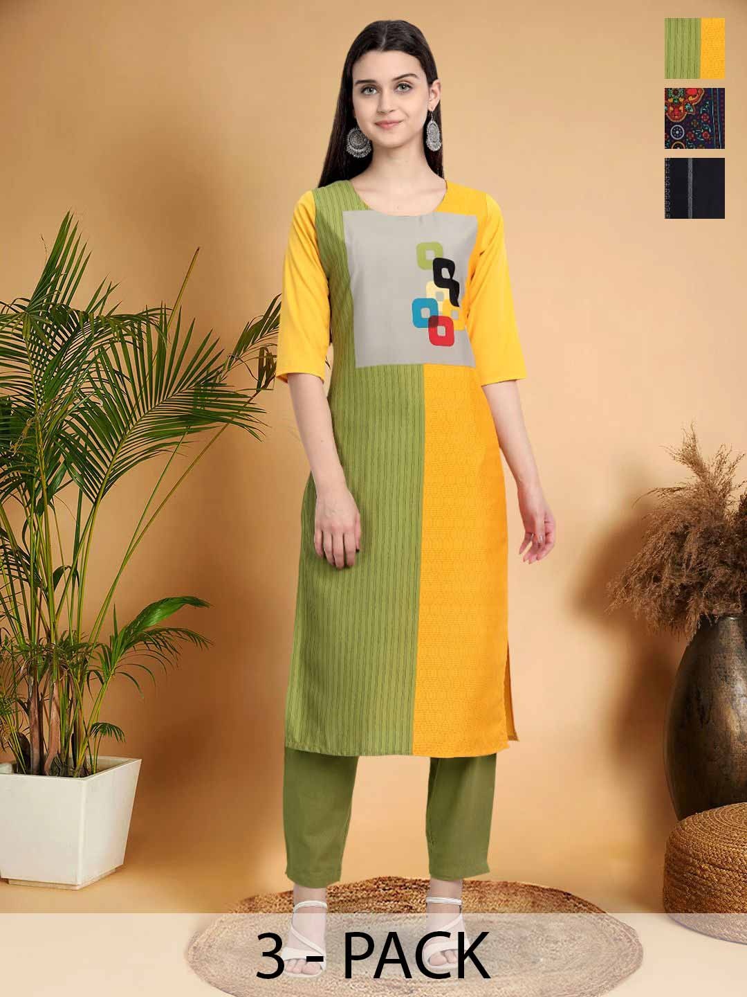 

7Threads Selection Of 3 Colourblocked Printed Straight Kurtas, Yellow