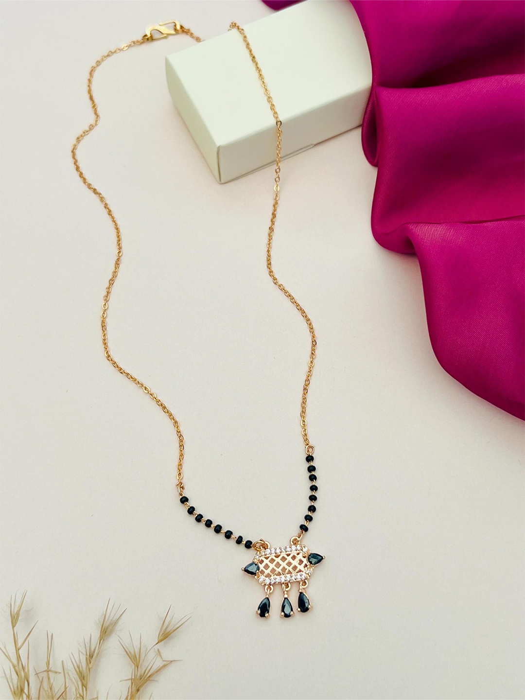 

ABDESIGNS Gold-Plated American Diamond Studded & Beaded Mangalsutra