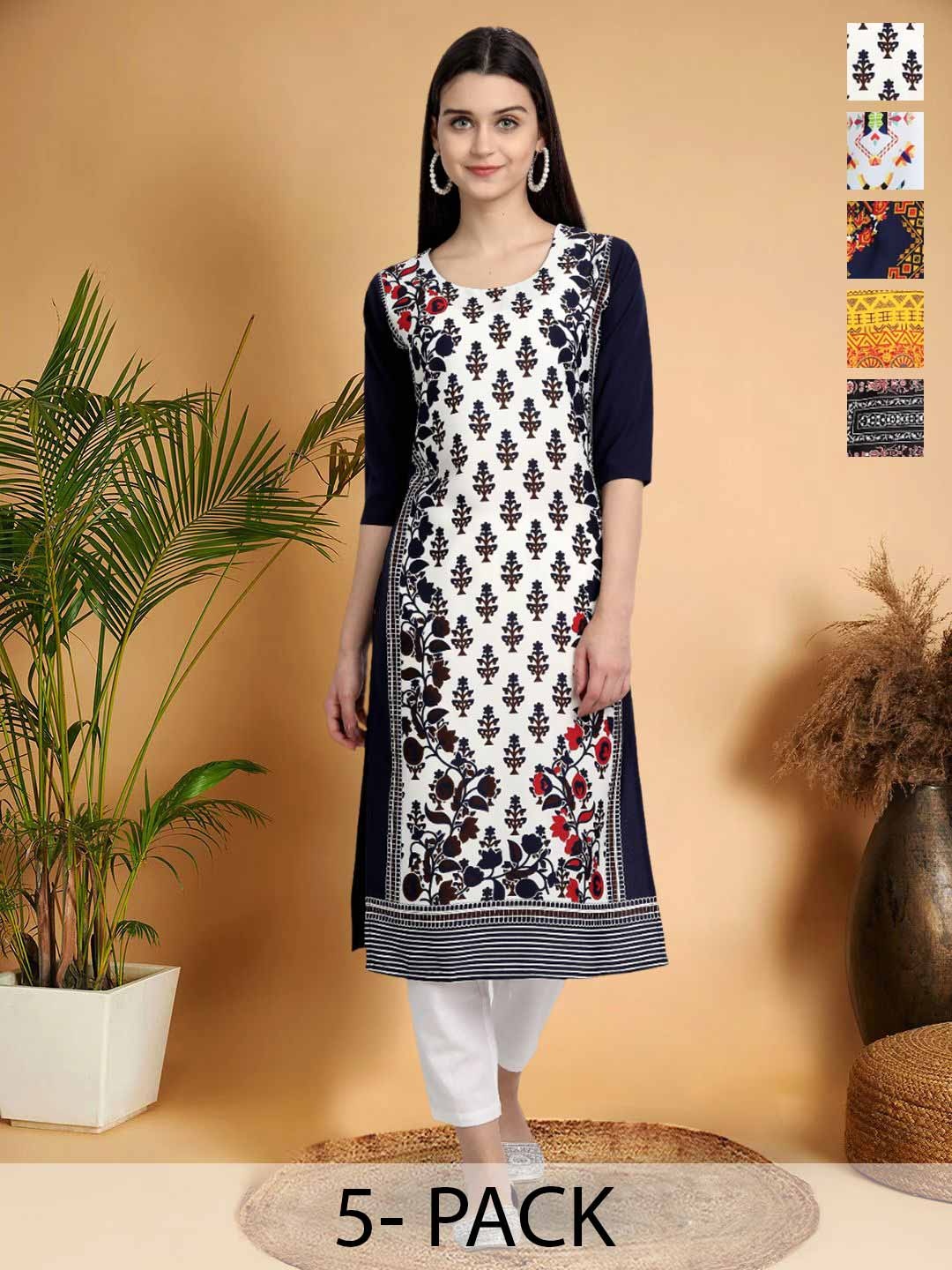 

7Threads Selection Of 5 Ethnic Motifs Printed Round Neck Straight Kurtas, Black