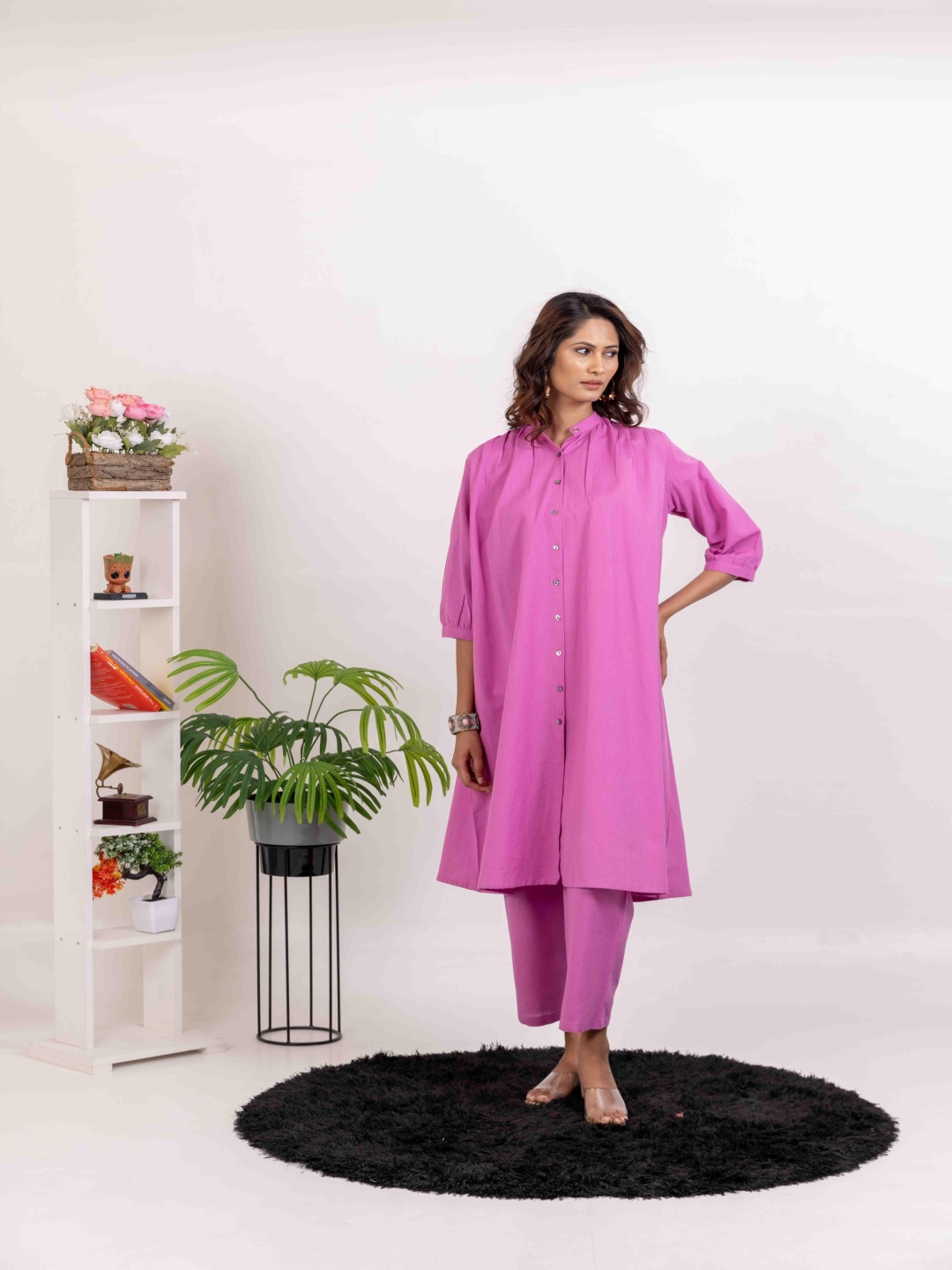 

INAAYA JAIPUR Mandarin Collar Pure Cotton Tunic & Palazzo, Pink