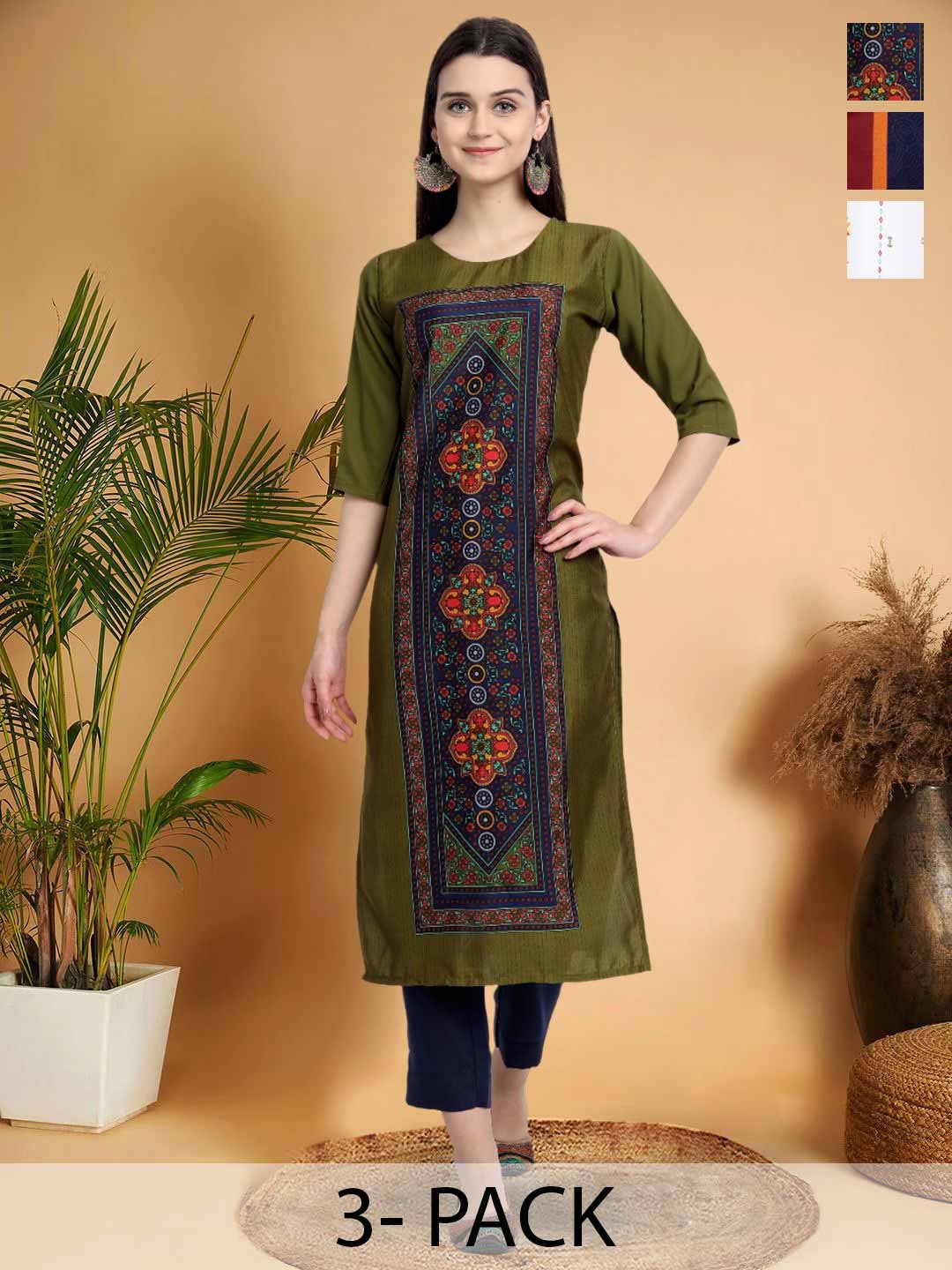 

7Threads Selection Of 3 Ethnic Motifs Printed Round Neck Straight Kurtas, Green