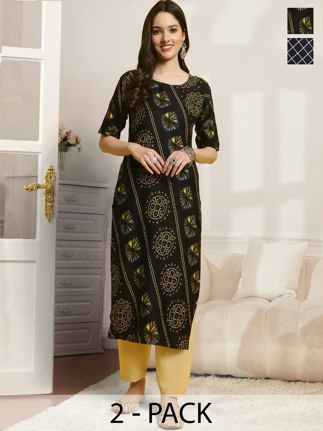 

7Threads Selection Of 2 Bandhani Printed Round Neck Straight Kurta With Trousers, Black