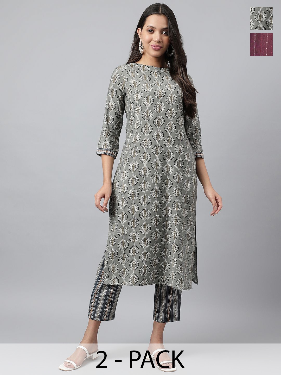 

KALINI Selection of 2 Ethnic Motifs Printed Round Neck Straight Kurtas With Trousers, Maroon