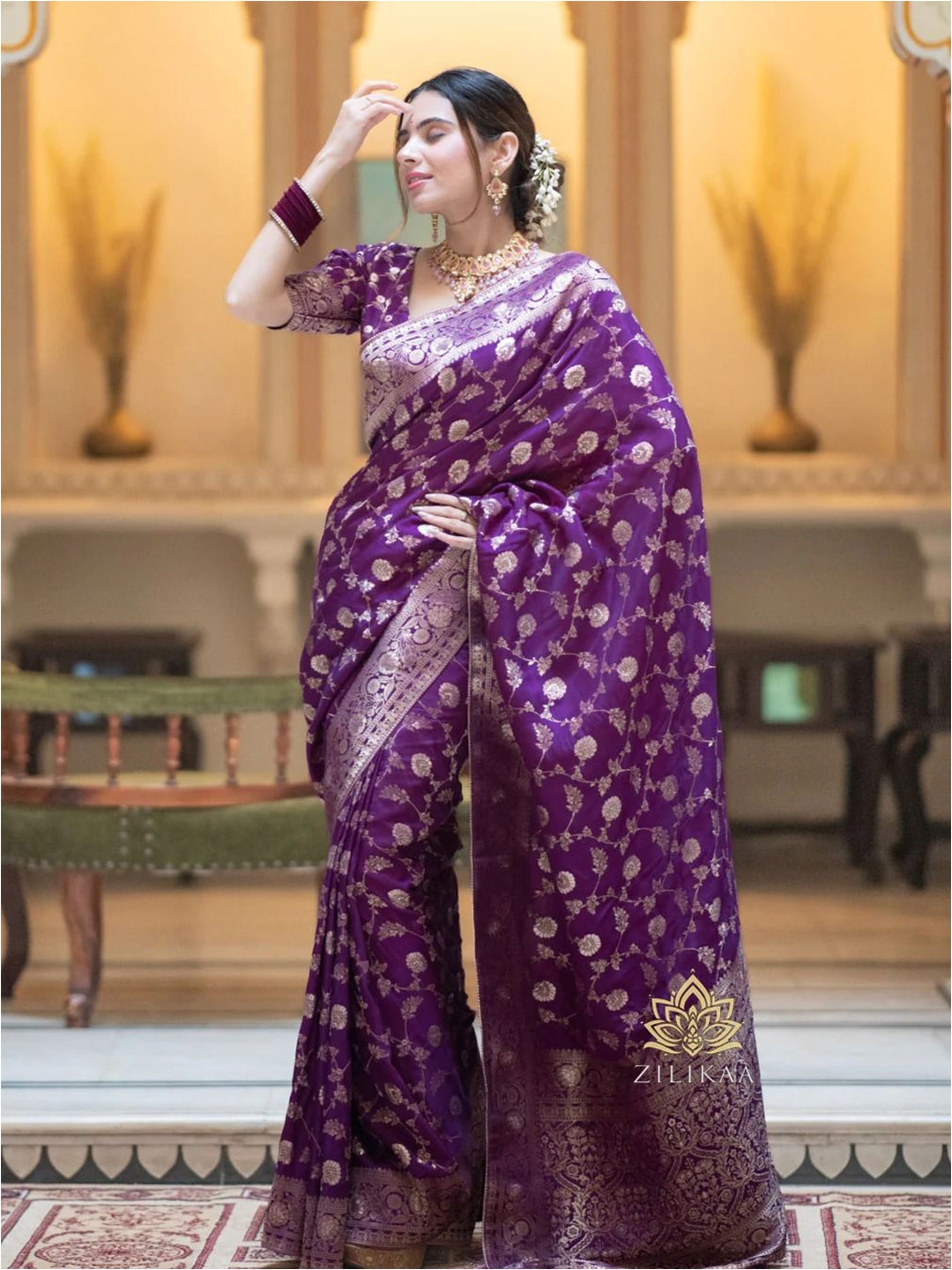 

STYLEELITE Woven Design Zari Pure Silk Kanjeevaram Saree, Purple