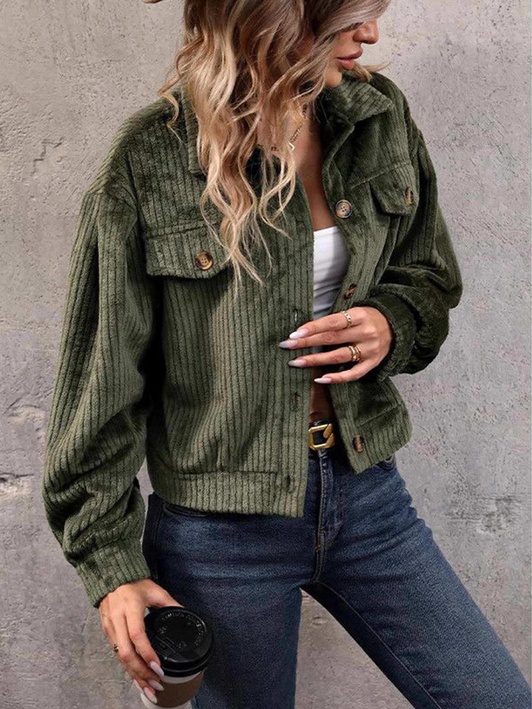 

DressBerry Women Cotton Ribbed Denim Jacket, Olive