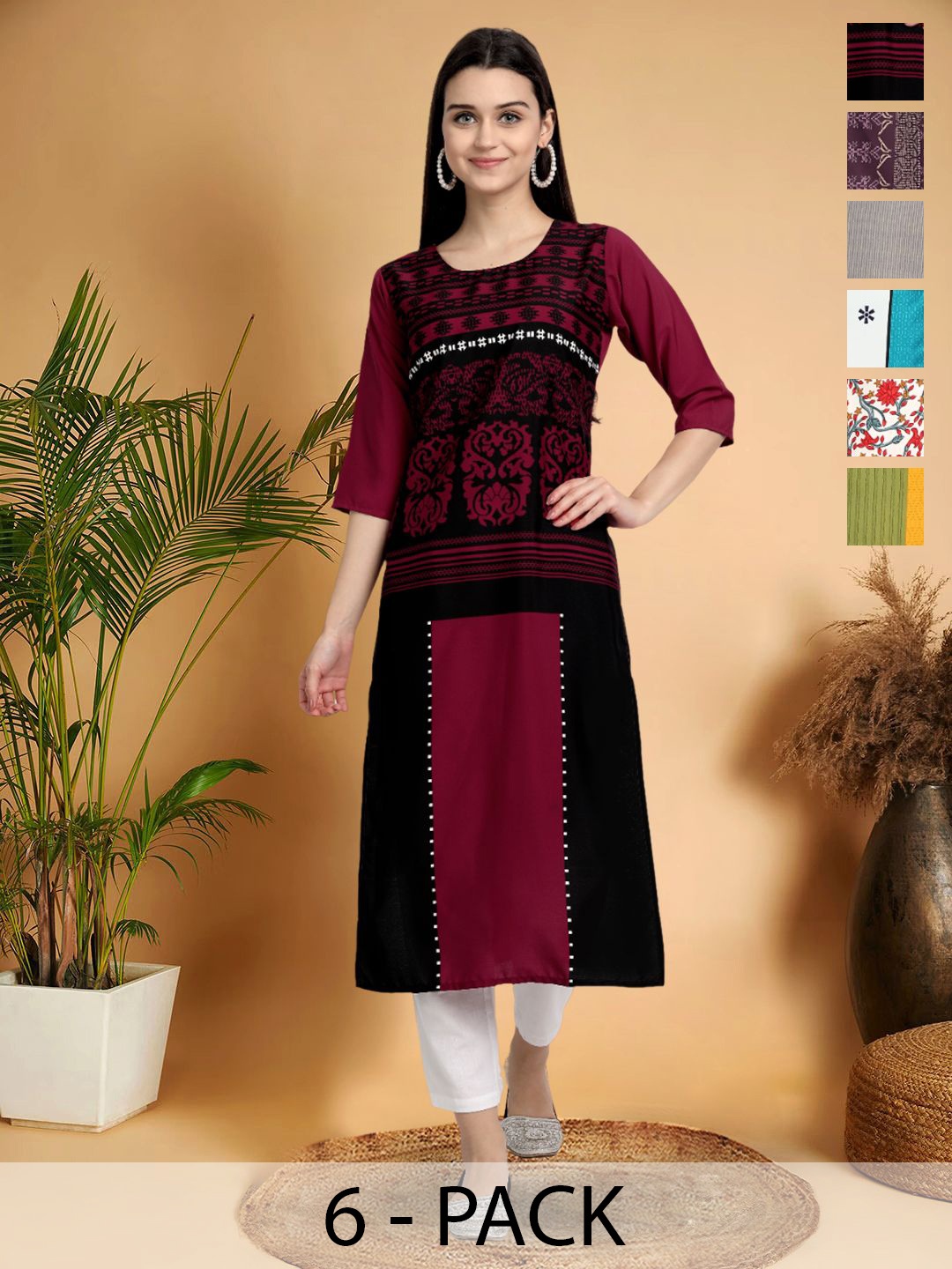 

7Threads Selection Of 6 Ethnic Motifs Printed Round Neck Kurtas, Maroon