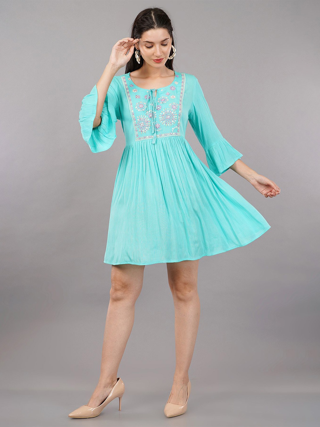 

Avaasa Buy Shruthi Women Cotton Embroidered Fit and Flare Knee Length Ethnic Dress, Blue