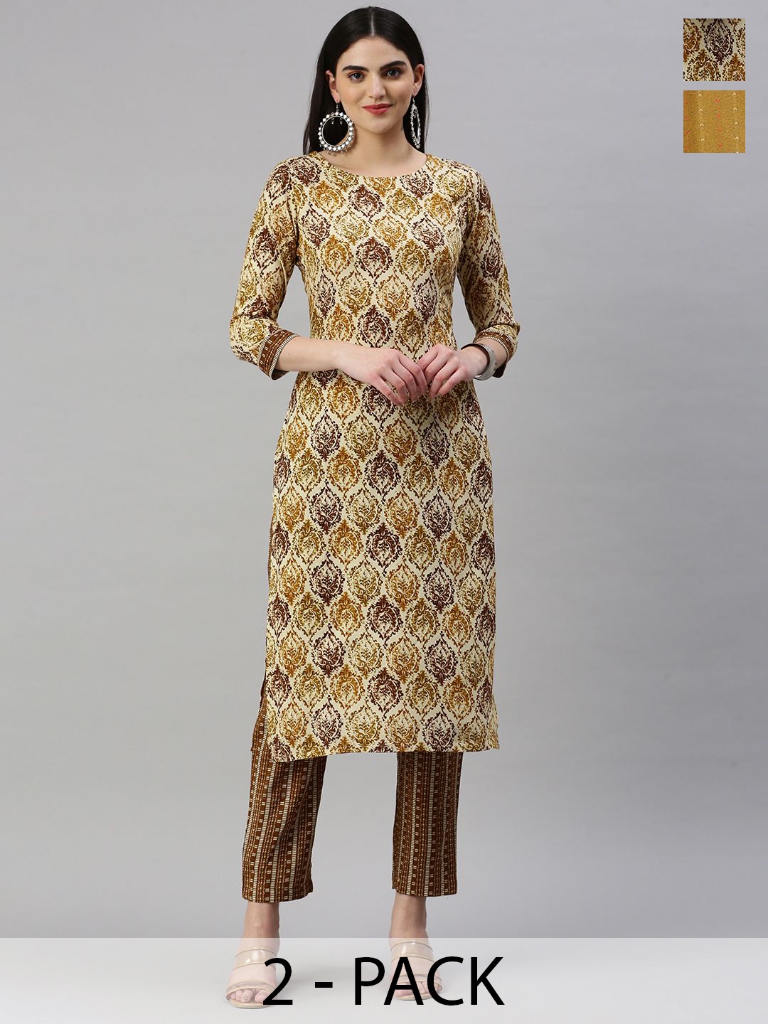 

KALINI Selection Of 2 Ethnic Motifs Round Neck Straight Kurtas with Trousers, Beige