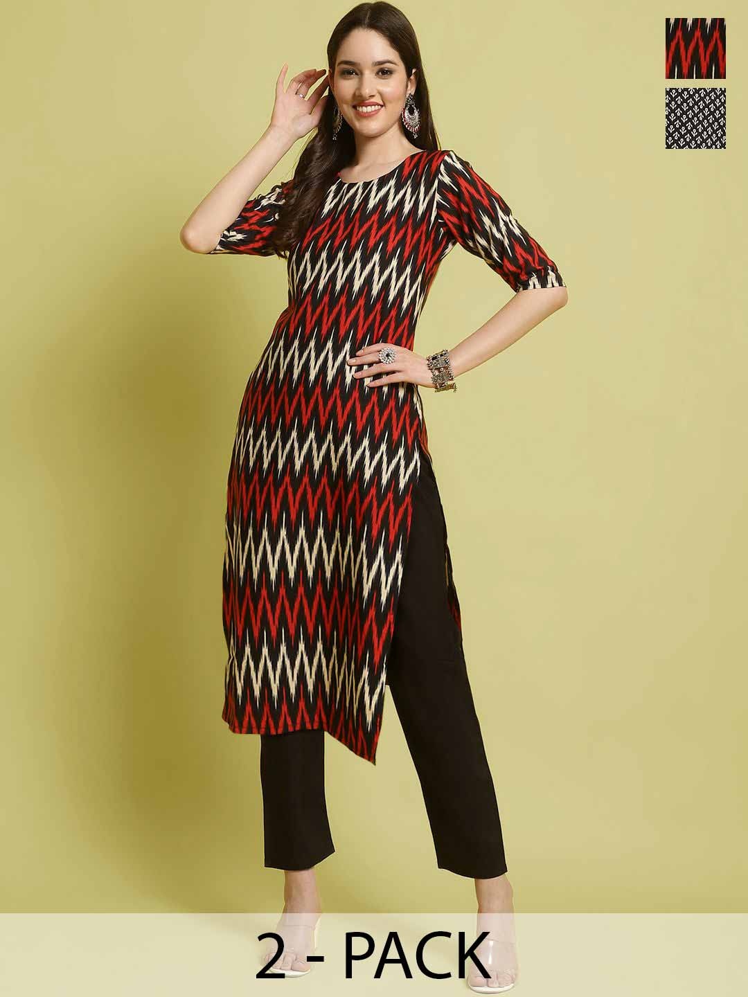 

7Threads Selection Of 2 Chevron Printed Round Neck Straight Kurtas With Trousers, Black