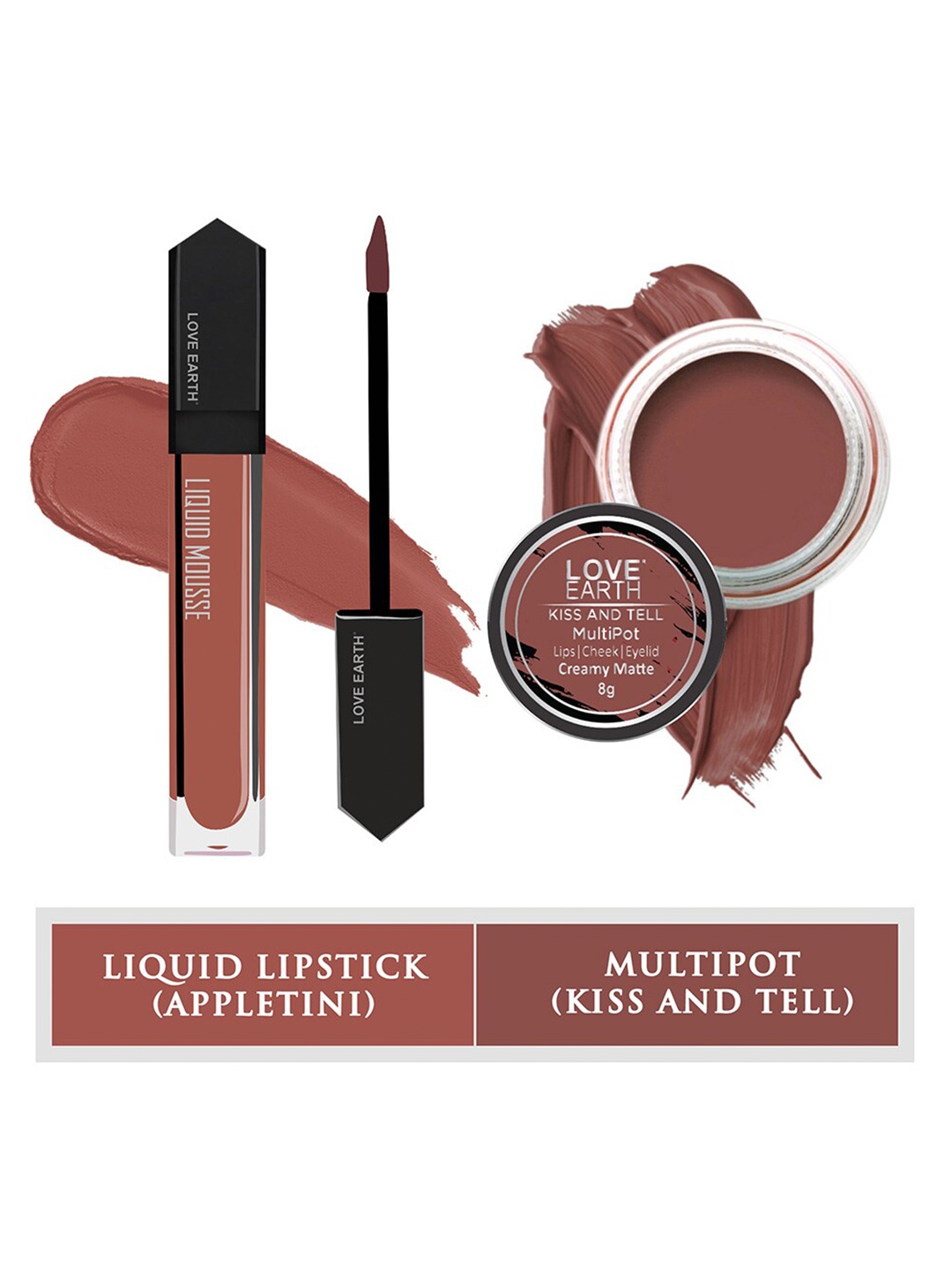 

LOVE EARTH Set of 2 Mousse Liquid Lipstick & Multipot - Appletini - Kiss & Tell, Brown