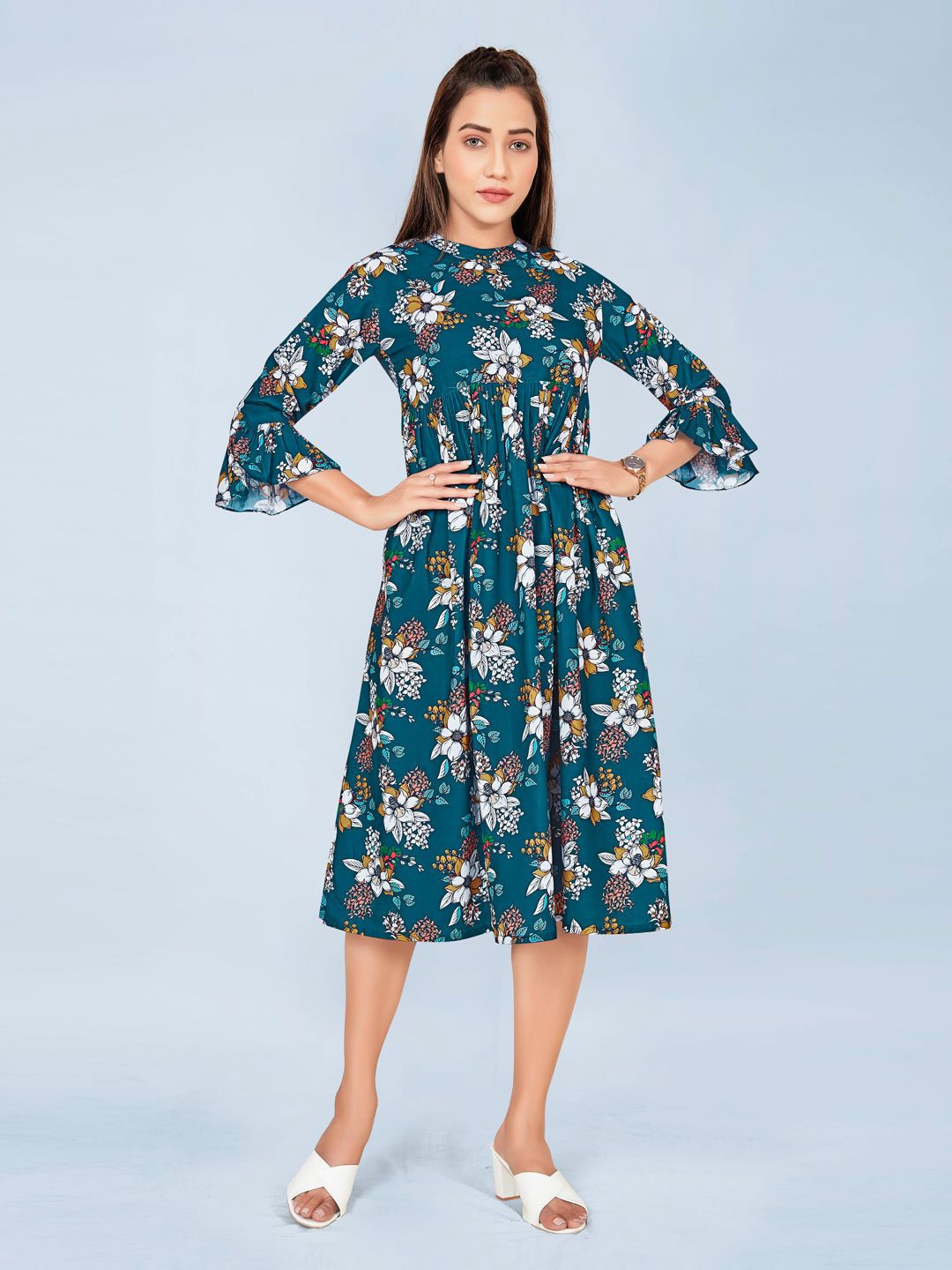 

Moda Rapido Women Floral Print Bell Sleeve Chiffon Fit & Flare Midi Dress, Teal