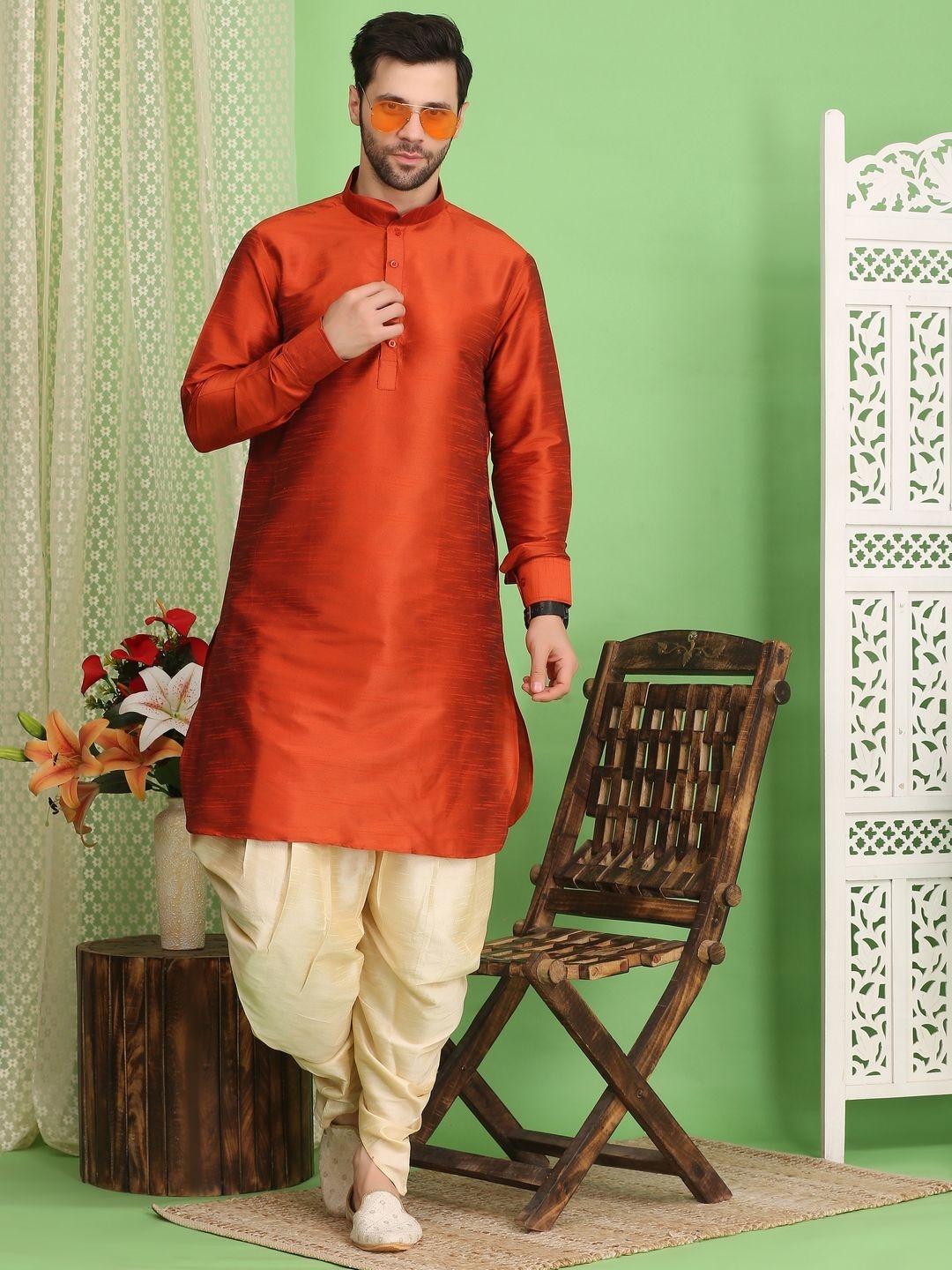 

Larwa Men Regular Dupion Silk Kurta with Salwar, Orange